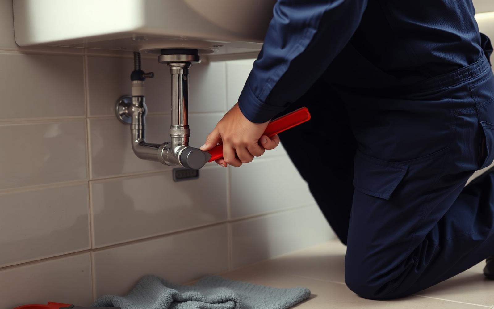Idraulico che ripara una perdita sotto il lavabo del bagno